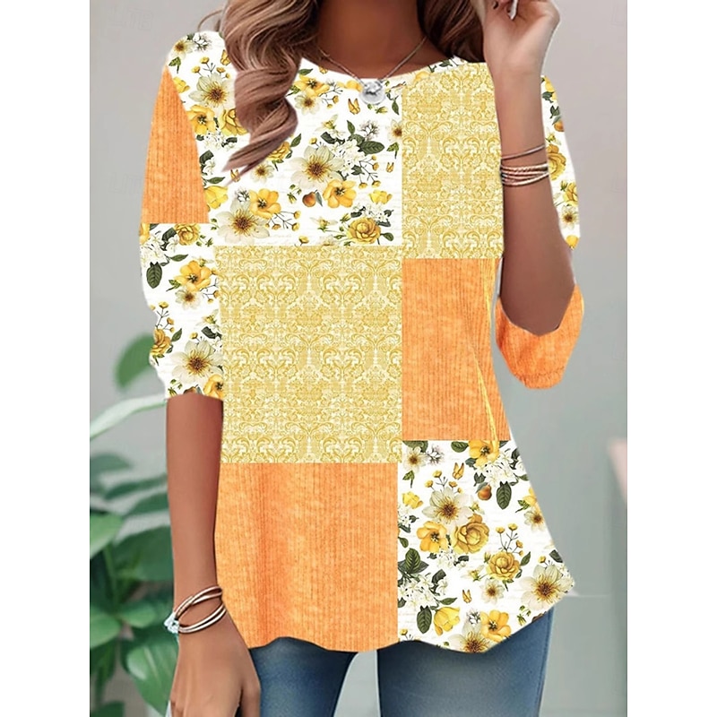 Women's T shirt Crew Neck Long Sleeve Tunic Floral Graphic Casual  Regular Tops Daily Print Pink Sky Blue Orange Fall2