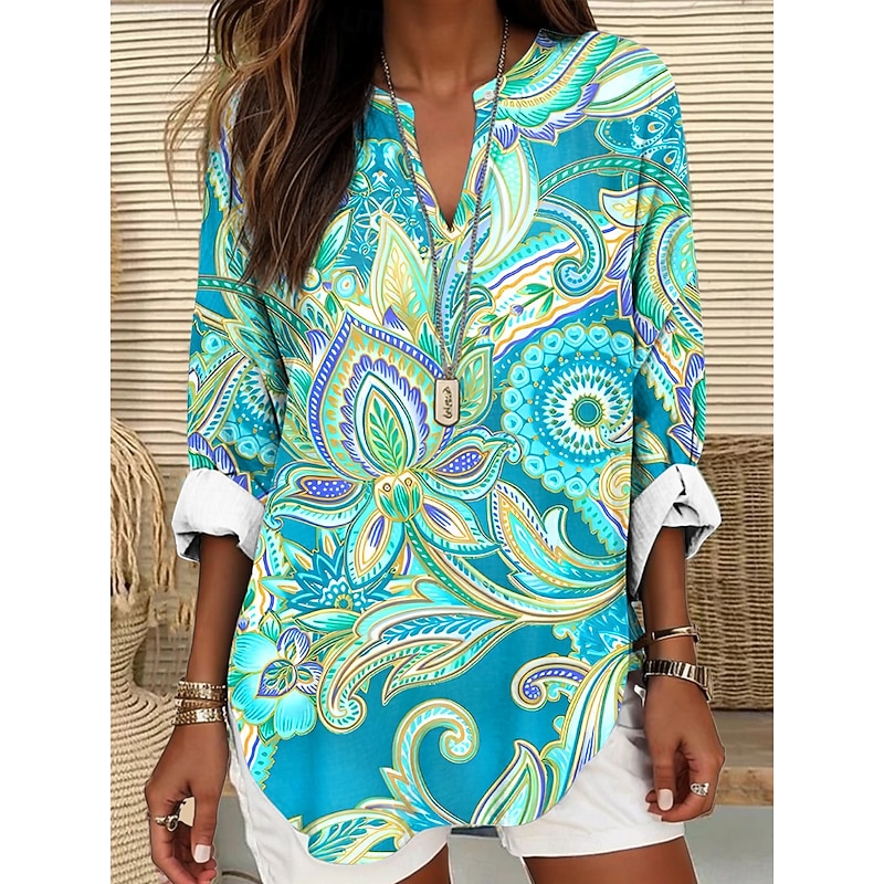 Women's Blouse Tunic V Neck Long Sleeve Boho Casual Summer Tops Floral Graphic Daily Regular Tops Daily Print Black White Pink Blue Sky Blue4