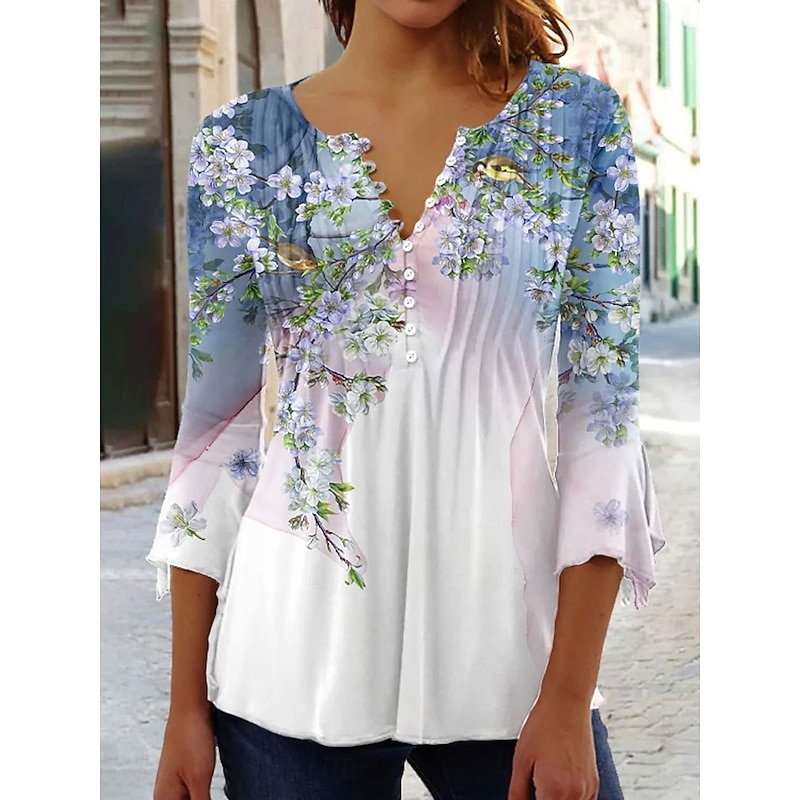 Women's Blouse V Neck Ombre Floral Graphic Elegant 3/4 Length Sleeve Regular Tops Daily Going out Ruffle Buttons Pink Blue Purple Orange Green Spring Fall