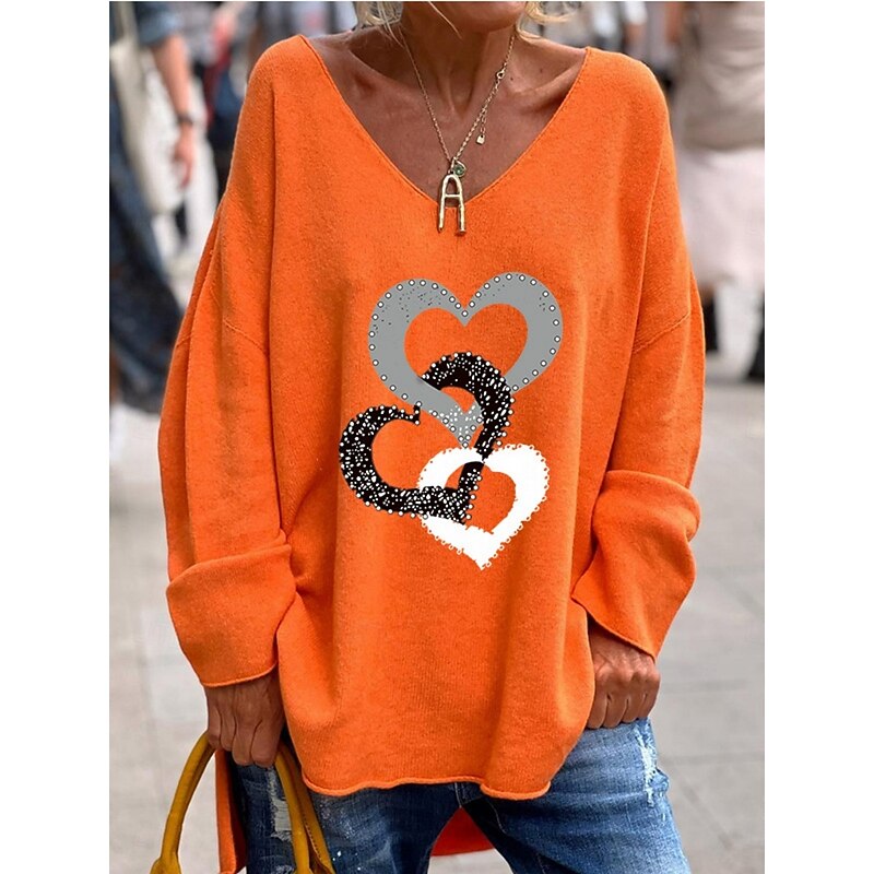 Women's Blouse Heart Stylish Casual Long Sleeve V Neck Regular Tops Daily Print Black White Pink Orange Green  Spring Fall Prefall