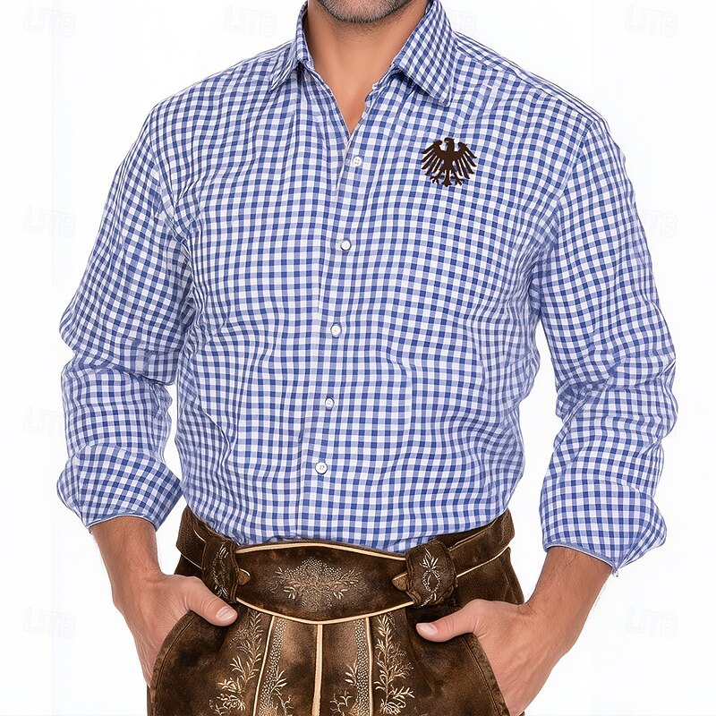 Men's Plaid Checkered Traditional Oktoberfest Shirt Button Up Shirt Trachten Shirts Long Sleeve Casual Dailywear Holiday Spring Fall Turndown 3D Print Linen Like Shirt Blue Green
