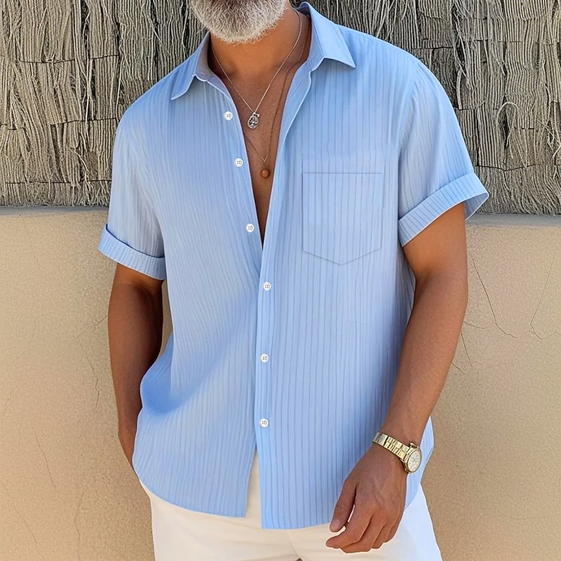 Men's Geometric Stripes Shirt Summer Shirt Button Up Shirt Short Sleeve Fashion Casual Outdoor Vacation Dailywear Summer Spring Turndown 3D Print Collared Shirts Front One Pocket Blue