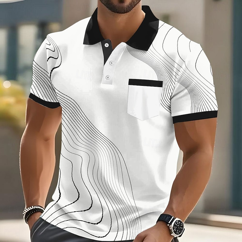 Men's Marble Line Polo Short Sleeve Polo Shirts Collared Shirts Business Casual Outdoor Business Athleisure Daily Wear Buttons Pocket 3D Print Summer Black Light Brown Blue