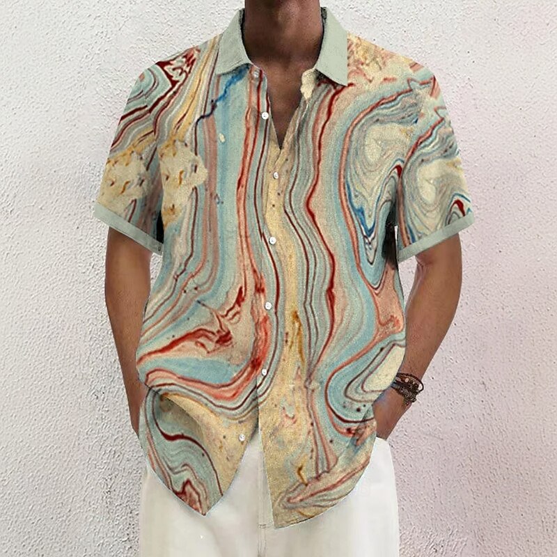 Men's Geometric Marble Abstract Art Shirt Summer Shirt Button Up Shirt Short Sleeve Fashion Casual Vacation Holiday Streetwear Summer Turndown 3D Print Front One Pocket Linen Like Shirt Blue Gray