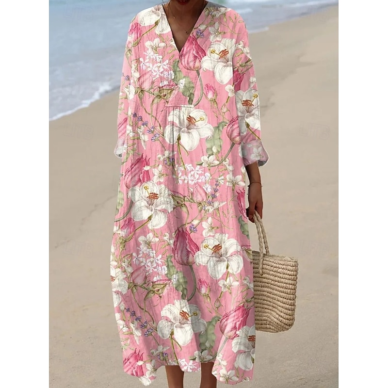 Women's Midi Dress V Neck Long Sleeve Kaftan Lightweight Loose Fit A Line Dress Casual Boho Going out Floral Graphic Long Sleeve V Neck Pink Blue Light Purple Fuchsia4