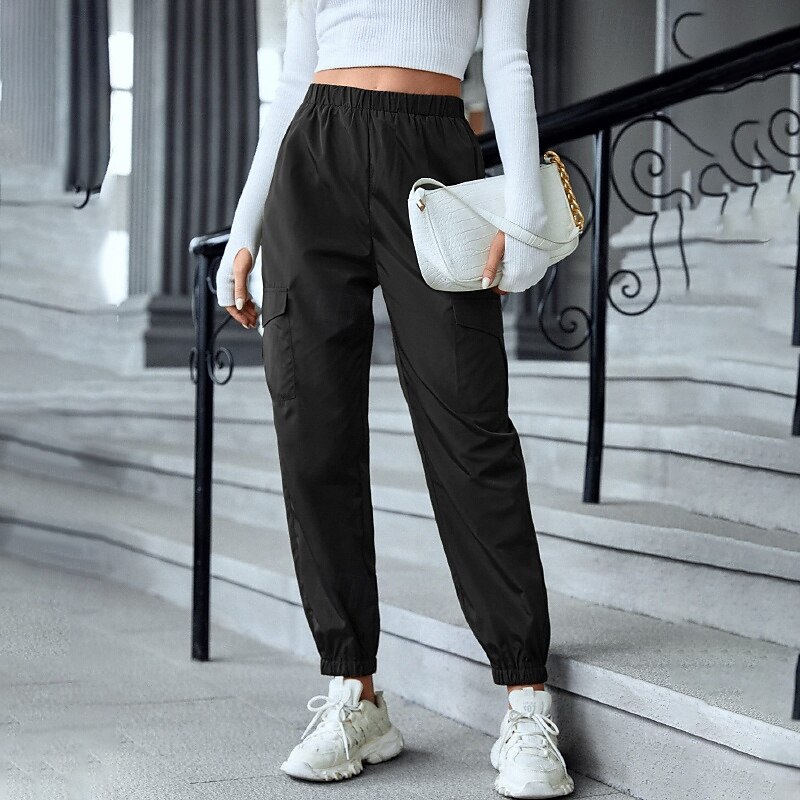 Women's Cargo Pants Slacks Fashion Streetwear Full Length Natural Plain Pocket Elastic Waist Comfy Outdoor Comfortable Street Going out Wine Black Pink Blue Summer Regular Fit3
