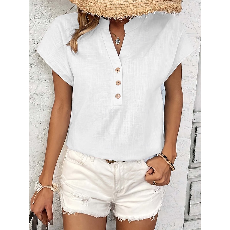 Women's Summer Tops Vintage Casual Short Sleeve V Neck Regular Tops Daily Weekend Buttons Black White Navy Blue Summer2