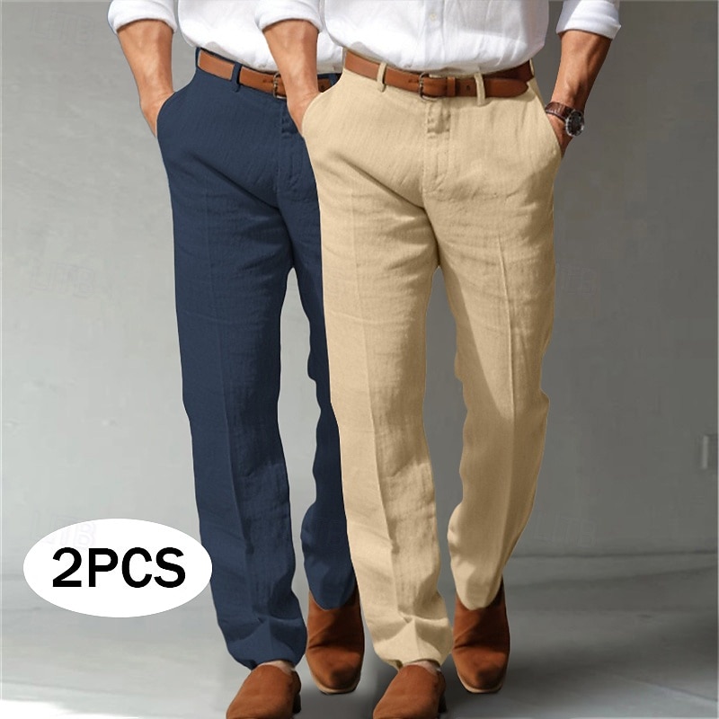 Men's Linen Pants Trousers Dress Pants Summer Pants Front Pocket Straight Leg Multi-pack Plain Comfort Breathable Full Length Formal Business Holiday Fashion Basic Black+Light Grey Blue+Dark Grey