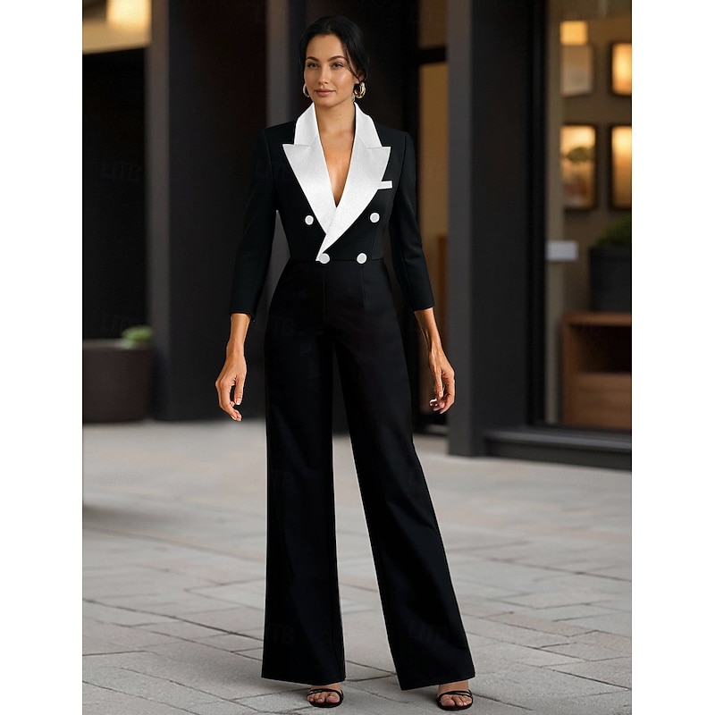 Women's Suits Jumpsuits Formal Wedding Guest Stretch Crepe Elegant Minimalist Casual 3/4 Sleeve Pleated Floor Length Peak Lapel Double Breasted2
