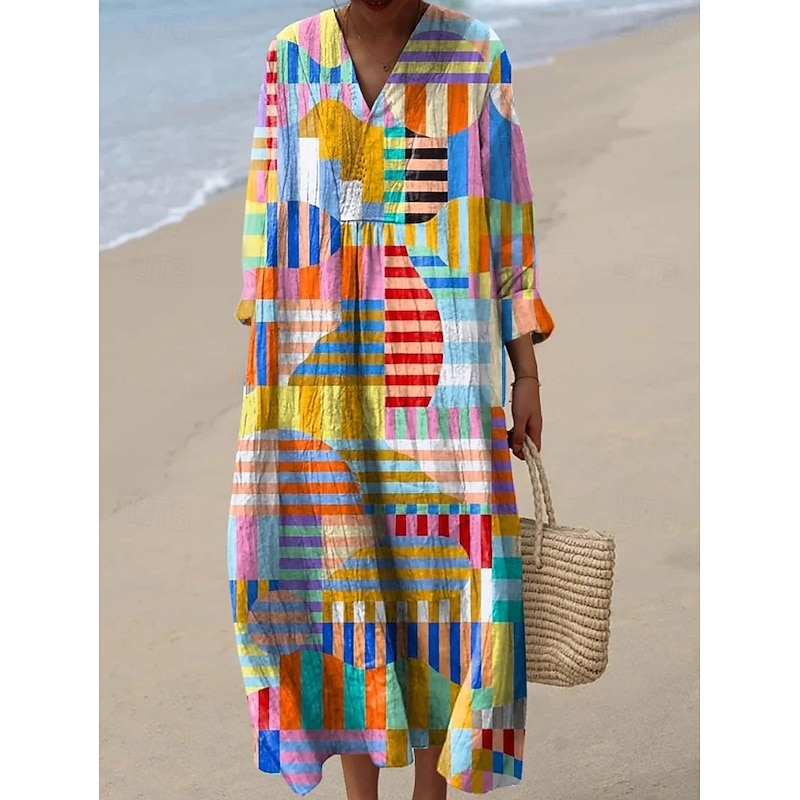 Women's Midi Dress V Neck Long Sleeve Kaftan Lightweight Loose Fit A Line Dress Casual Boho Going out Loose Fit Graphic Geometric Stripe Long Sleeve V Neck Ash Black Yellow Blue4