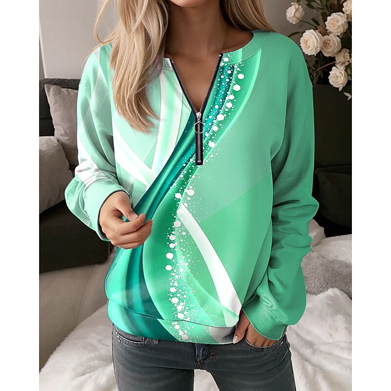 Women's Quarter Zipper Sweater Graphic Geometric Abstract Casual Long Sleeve Crew Neck Regular Tops Street Dailywear Half Print Pink Blue Purple Green Fall Winter3