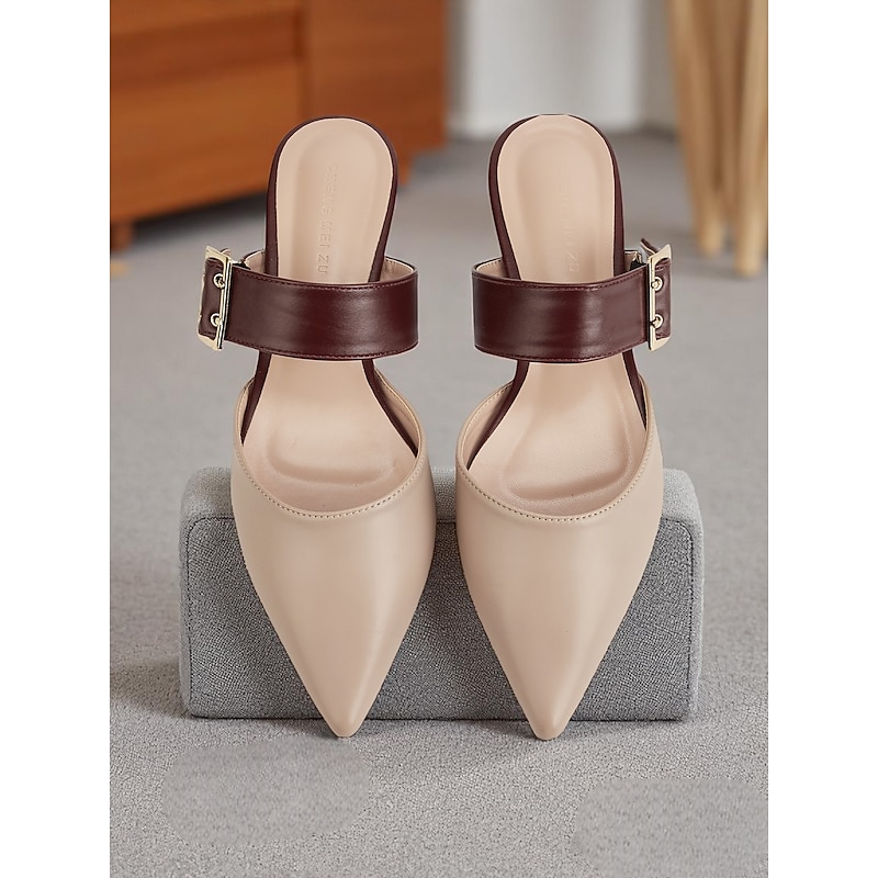 Women's Pointed Toe Slip-On Mules with Buckled Strap, Chic Two-Tone Flats for Casual Dates and Everyday Wear