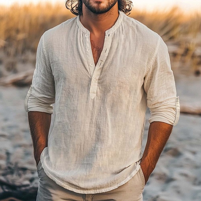 Men's Shirt Linen Shirt Summer Shirt Beach Shirt Solid Color Vacation Casual Black White Light Blue Long Sleeve Henley Clothing Apparel Multiple Pockets - Main Image