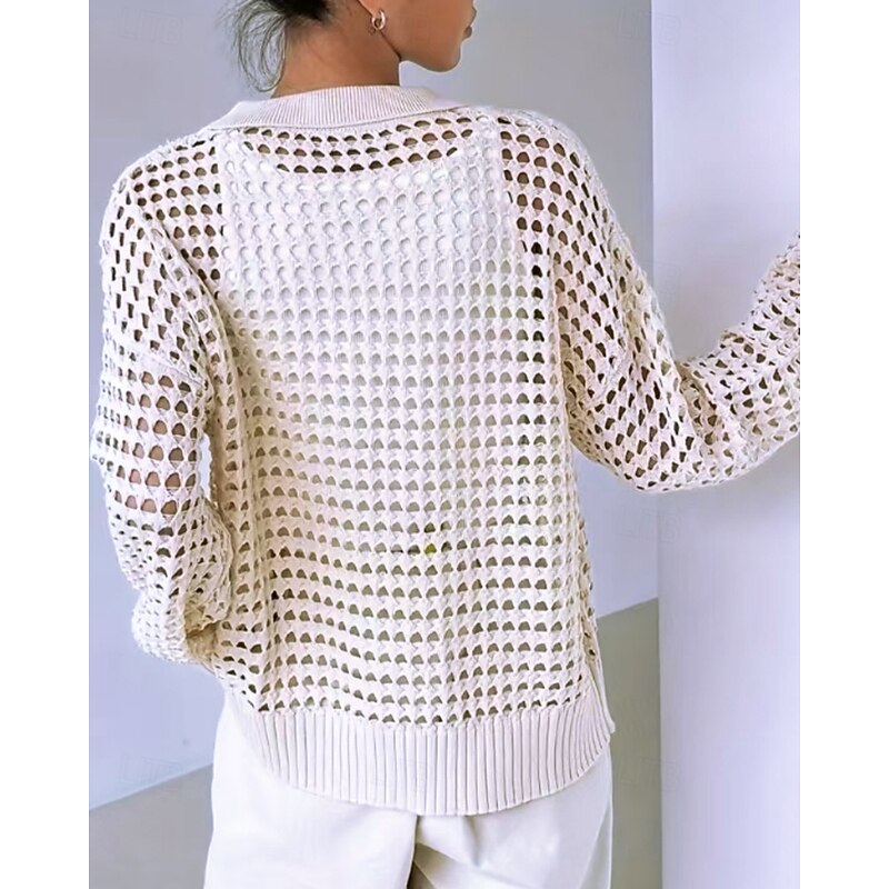 Women's Cardigan Fashion Solid Color Ribbed Shirt Collar Hollow Out Buttons Knitted Long Sleeve Regular Tops Knit Outdoor Daily Holiday White Fall4
