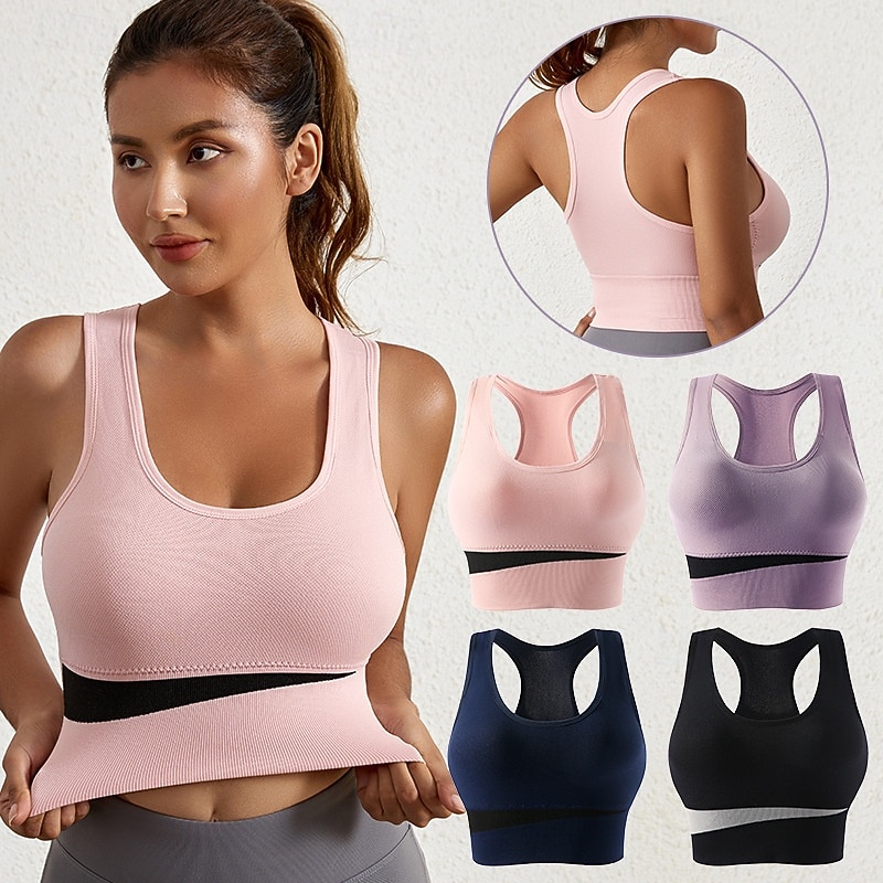 Women's Yoga Bra Sports Bra Pilates Bra Bra Top Push Up Seamless Anti-vibration Wireless Color Block Sport Activewear Black Pink Gym Zumba Running