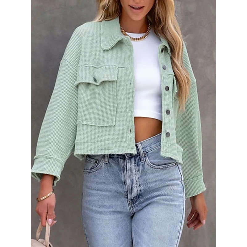 Women's Casual Jacket Comfortable Breathable Pocket Buttons Casual Plain Vacation Street Casual Daily Wear Single Breasted Short Turndown Regular Fit Long Sleeve Outerwear Black White Green Spring