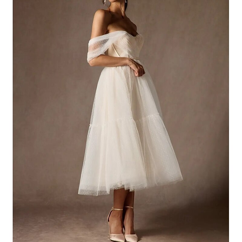 Engagement Little White Dresses Wedding Dresses A-Line Sweetheart Strapless Tea Length Satin Bridal Gowns With Sash / Ribbon Pleats3