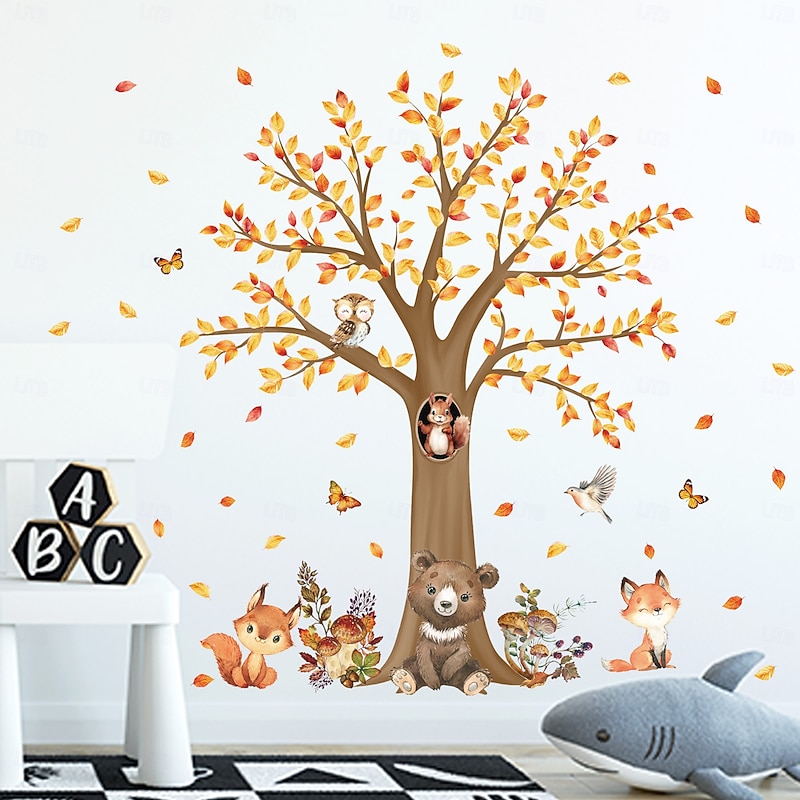 Fall Wall Decal Stickers Autumn Thanksgiving Decoration, Removable Tree, Fox and Squirrel Wall Stickers for Living Room and Bedroom Background Home Decor2