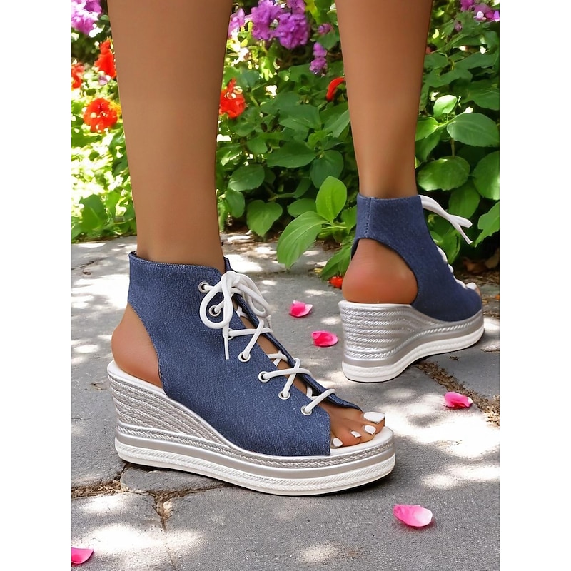 Women's Lace-Up Denim Wedge Sandals, Fashion Peep-Toe Summer Shoes, Perfect for Poolside, Brunch Outings and Seaside Cafés4