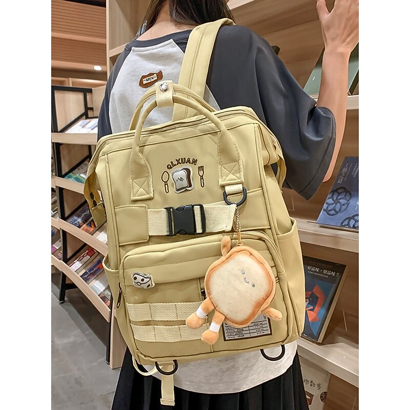 Waterproof Toast Cartoon Backpack for Girls – Kawaii School Bag with Plush Keychain and Multi-Pockets for Teenagers, College and Travel Black White Yellow3