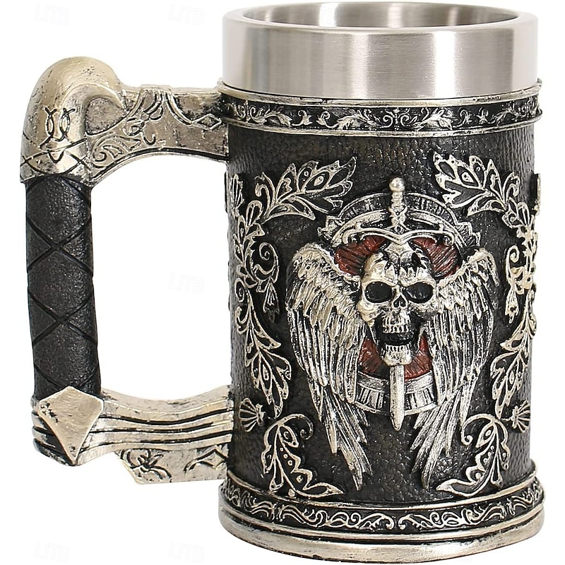 Halloween Skull Mug Grim Reaper Beer Stein, Skull Water Cup Unique Stainless Steel Large Capacity Mug, Angel & Demon Design for Halloween Party Decor3