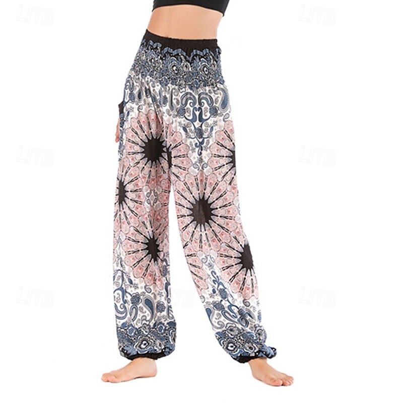 Women's Pants Trousers Bloomers Casual Boho Full Length High Waist Print Pocket Elastic Waist Breathability Soft Micro-elastic Vacation Street Daily Wear Wine White Blue Gold Summer Spring Regular Fit