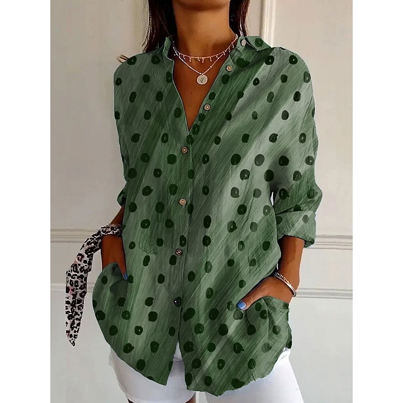 Women's Shirt Button Down Tunic Shirt Collar Long Sleeve Graphic Geometric Polka Dot Vintage Daily Stylish Regular Tops Work Daily s Print Blue Orange Brown Green Khaki Spring2