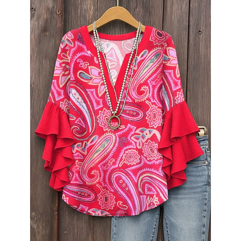 Women's Blouse V Neck Floral Graphic Paisley Bohemia Vintage Daily 3/4 Length Sleeve Regular Tops Daily Holiday Vacation Wear Print Pink Purple Khaki Beige Summer Spring Fall2