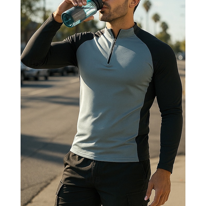Men's Running Top Running Shirt Quarter Zip Long Sleeve Top Color Block Quick Dry Lightweight Elastic Breathable Tennis Golf Running Sportswear Activewear White Blue Gray