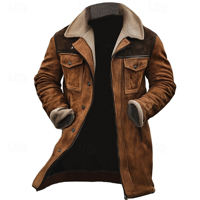 Men's Winter Jacket Fleece Jacket Casual Jacket Vacation Daily Thermal Warm Pocket Fleece Fall Winter Color Block Fashion Streetwear Lapel Long Brown Coffee Jacket