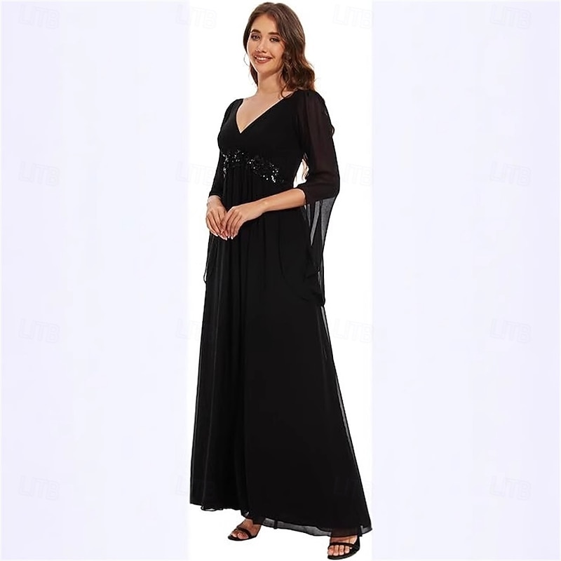 A-Line Mother of the Bride Dress Elegant Simple V Neck Floor Length Chiffon Long Sleeve with Pleats Solid Color2