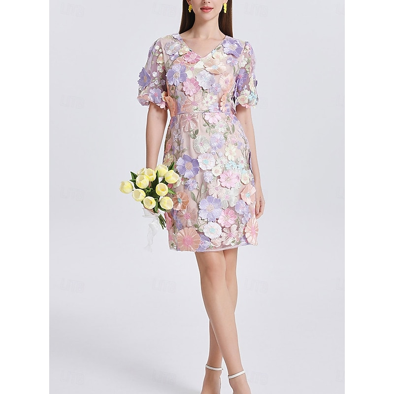 H-Line Mini Dresses Elegant Dress Wedding Wedding Guest Short Sleeve Puff Sleeve V Neck with Floral Embroidery Lace2