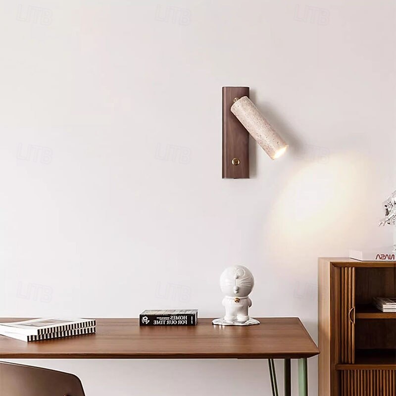 LED Wall Lamp Rotatable Bedside Wall Mounted Reading Light Nordic Natural Stone Wall Sconce Wall Lighting with Switch Wood Rustic Light Fixture for Living Room Restaurant Loft Kitchen