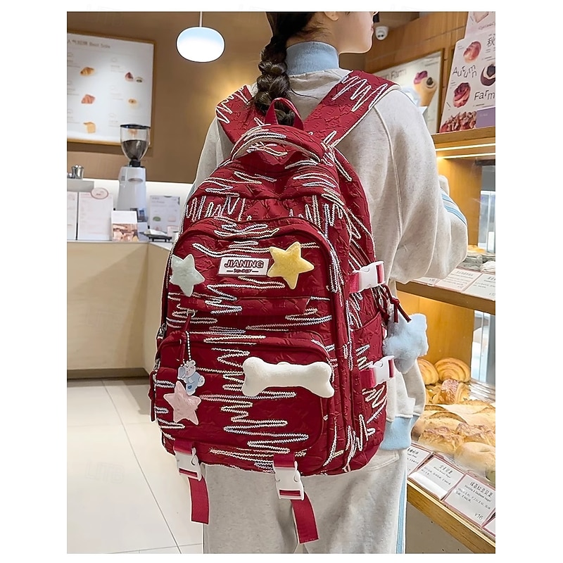 Kids and Teen Girls' Kawaii Backpack – Red Cartoon School Bag with 3D Star and Bone Charms for Daily Use and Travel