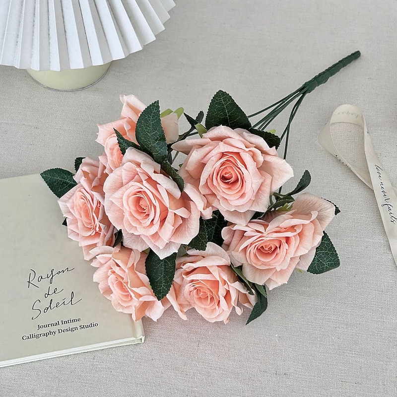 7-Head Artificial Rose Bouquet, Vintage Cappuccino Roses with Curled Petals, Faux Flowers for Wedding Arch, Table Centerpiece, Home Decoration4