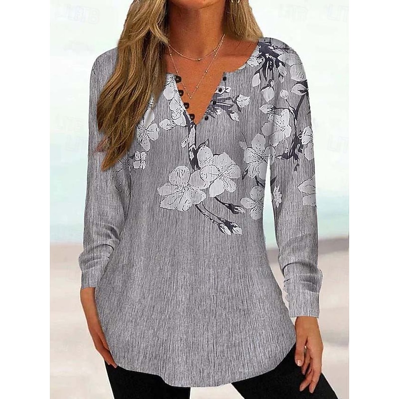 Women's Tunic Shirt Henley Shirt Blouse Tunic Basic Floral Buttons Print Long Sleeve Regular Tops Round Neck Casual Holiday Yellow Pink Green Gray Light Blue Spring & Fall Prefall4