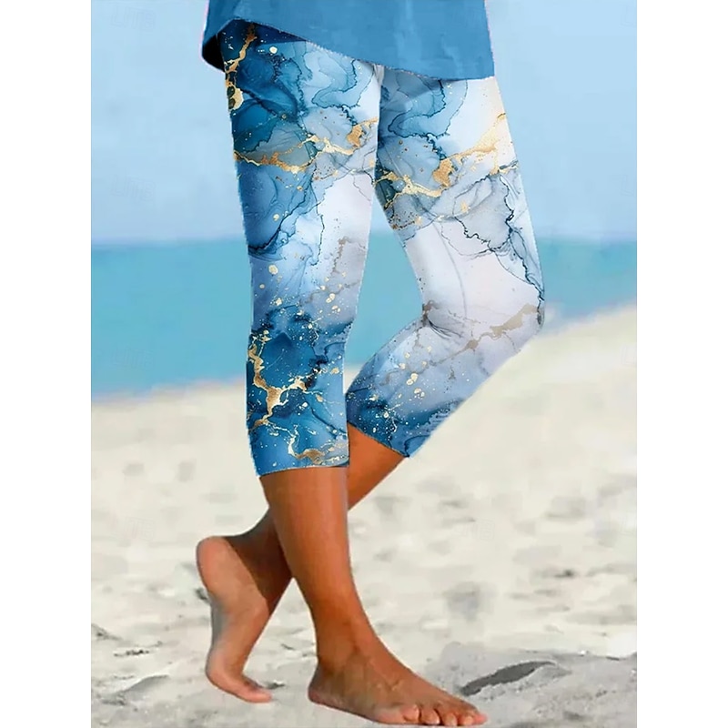 Women's Leggings Vacation Vintage Ethnic Style Calf-Length High Waist Graphic 3D Print Abstract Soft Comfortable Breathable High Elasticity Casual Daily Holiday Robin's Egg Blue Pea-Green White