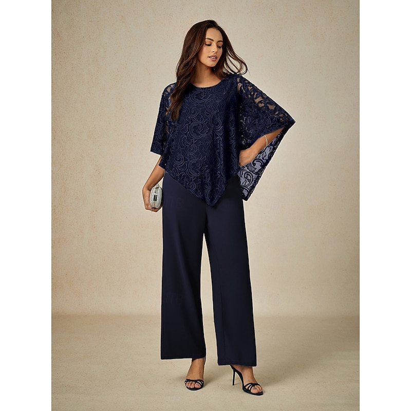 Women's Blouse Dressy Tops Plain Elegant Half Sleeve Crew Neck Regular Tops Wedding Guest Daily Lace Patchwork Layered Navy Blue Summer Spring3