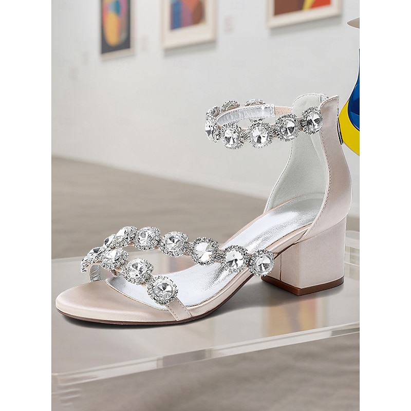 Women's Blue Satin Block Heel Sandals - Rhinestone Embellished Evening Shoes with Ankle Strap for Formal Banquets and Cocktail Parties4