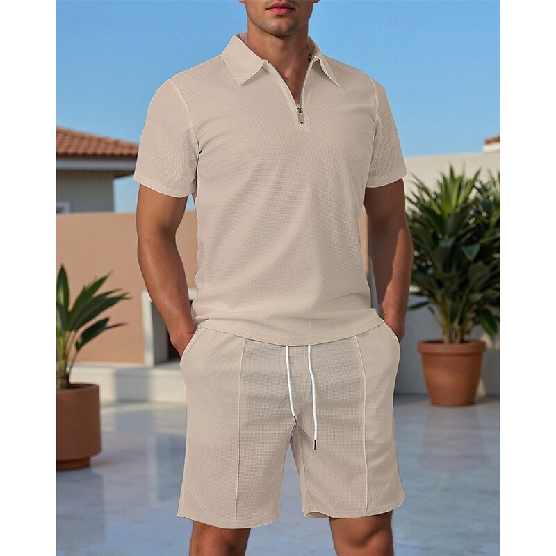 Men's Polo Shirts Zip Polo Outdoor Daily Wear Lapel Short Sleeve Fashion Hawaiian Plain 2 Piece Summer Regular Fit Black White Navy Blue Royal Blue Sky Blue Khaki Polo Shirts4