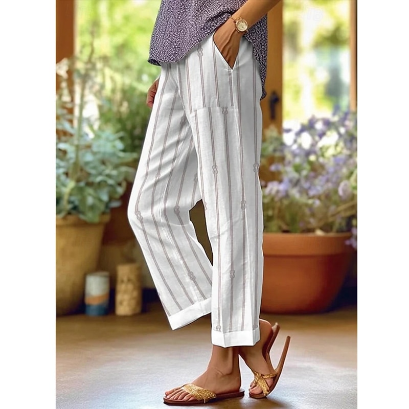 Women's Chinos Straight Vacation Vintage Ethnic Style Full Length High Waist Stripe Lines / Waves Stripe Soft Outdoor Breathable Micro-elastic Outdoor Vacation Casual White Blue Light Blue Fall Loose3