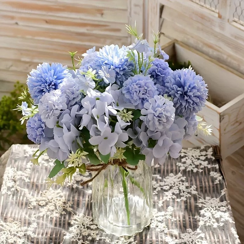 1 Bundle Artificial Hydrangea Bouquet, Faux Dried Flowers for Table Centerpieces, Living Room Vases, Home Floral Arrangement and Decoration