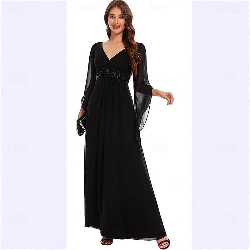 A-Line Mother of the Bride Dress Elegant Simple V Neck Floor Length Chiffon Long Sleeve with Pleats Solid Color3