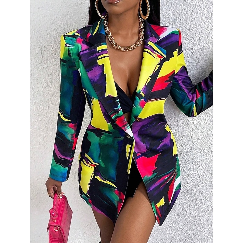 Women's Blazer Comfortable Breathable Print Casual Floral Office Street Casual Daily Wear Open Front Regular Notch Lapel Regular Fit Long Sleeve Outerwear Black Yellow Pink Summer Fall