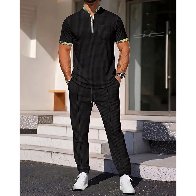 Men's Waffle Shirt T-shirt Suits Shirt and Pant Sets 2 Pieces Outfits Short Sleeve Quarter Zip Summer Color Block Fashion Casual Pocket 2 Piece Vacation Daily Wear Going out Black White Wine Top Tee4
