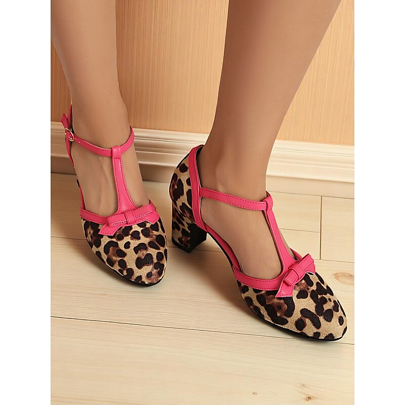 Women's T-Strap Leopard Print Heels with Pink Bow Detail – 1950s Stylish Retro Block Heel Shoes, Perfect for Parties, Casual Wear, and Fashion Events4