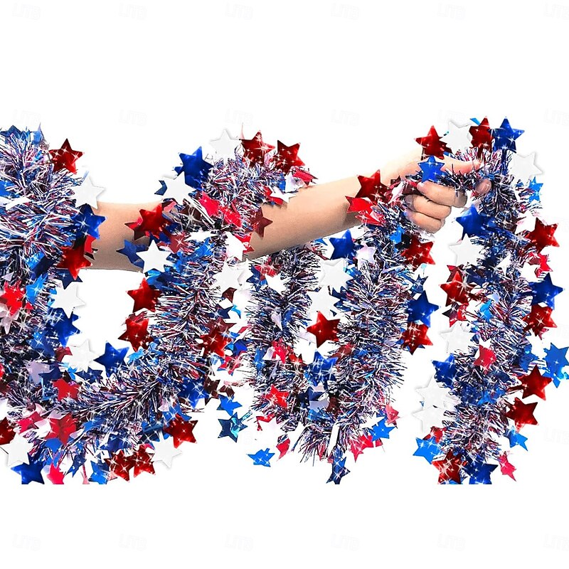 3 Pcs Patriotic Tinsel Garland 4th of July Decorations Total 19.7 Ft  Red White Blue Metallic Glitter Stars Garland Memorial Day National Independence Day Decor Home3