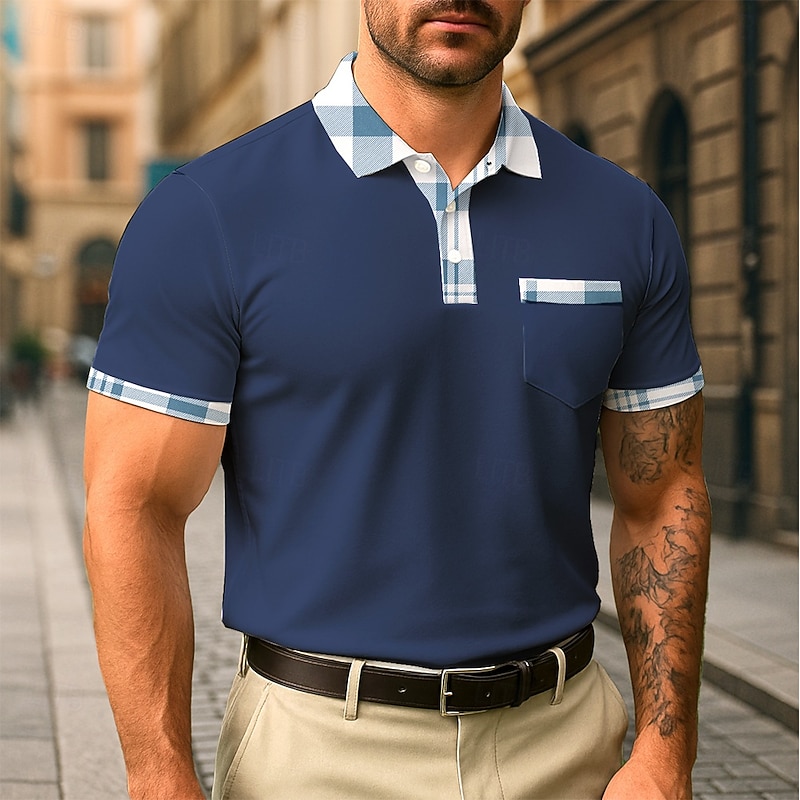Men's Tarten Polo Short Sleeve Turndown Business Casual Daily Business Athleisure Casual Daily Pocket Buttons Summer Buff White Navy Blue