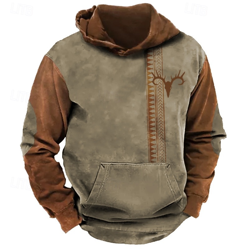 Men's Deer Hoodie Long Sleeve Sweatshirts Oktoberfest Vintage Retro Festival Autumn-Winter Collection Blue Brown Khaki Clothing Apparel Designer Graphic Print S M L Sizes Available2