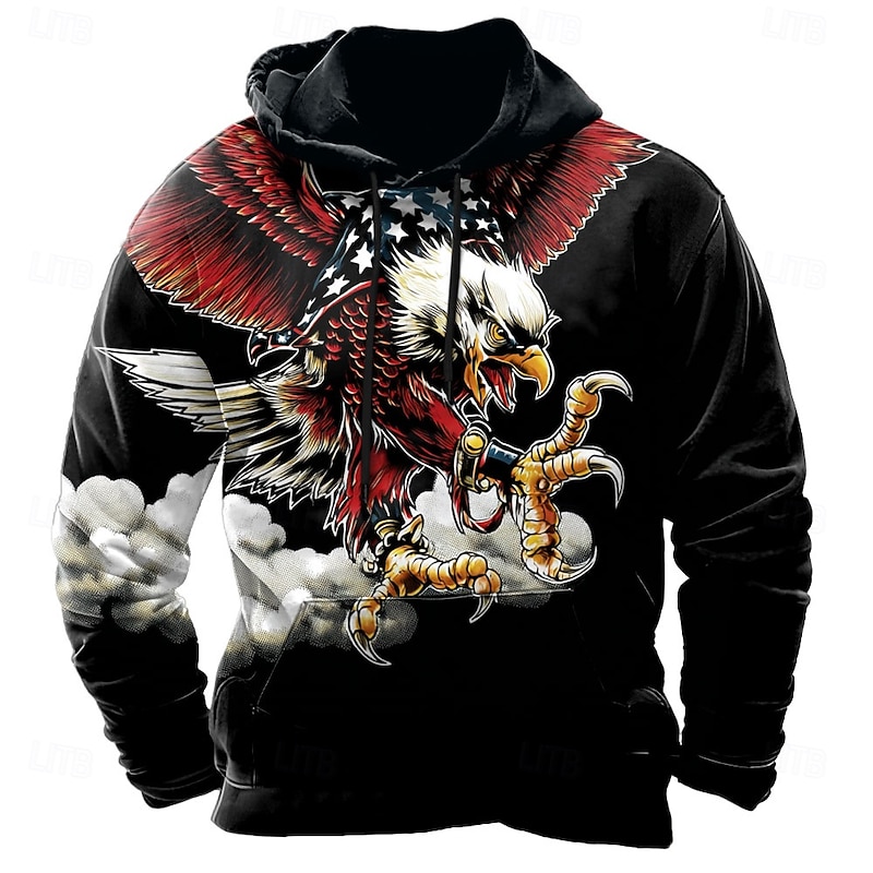Independence Day Men's American US Flag Eagle Hoodies Sweatshirt Casual Long Sleeve Crew Neck Holiday Hunting Black Drawstring Graphic Fall Winter Designer